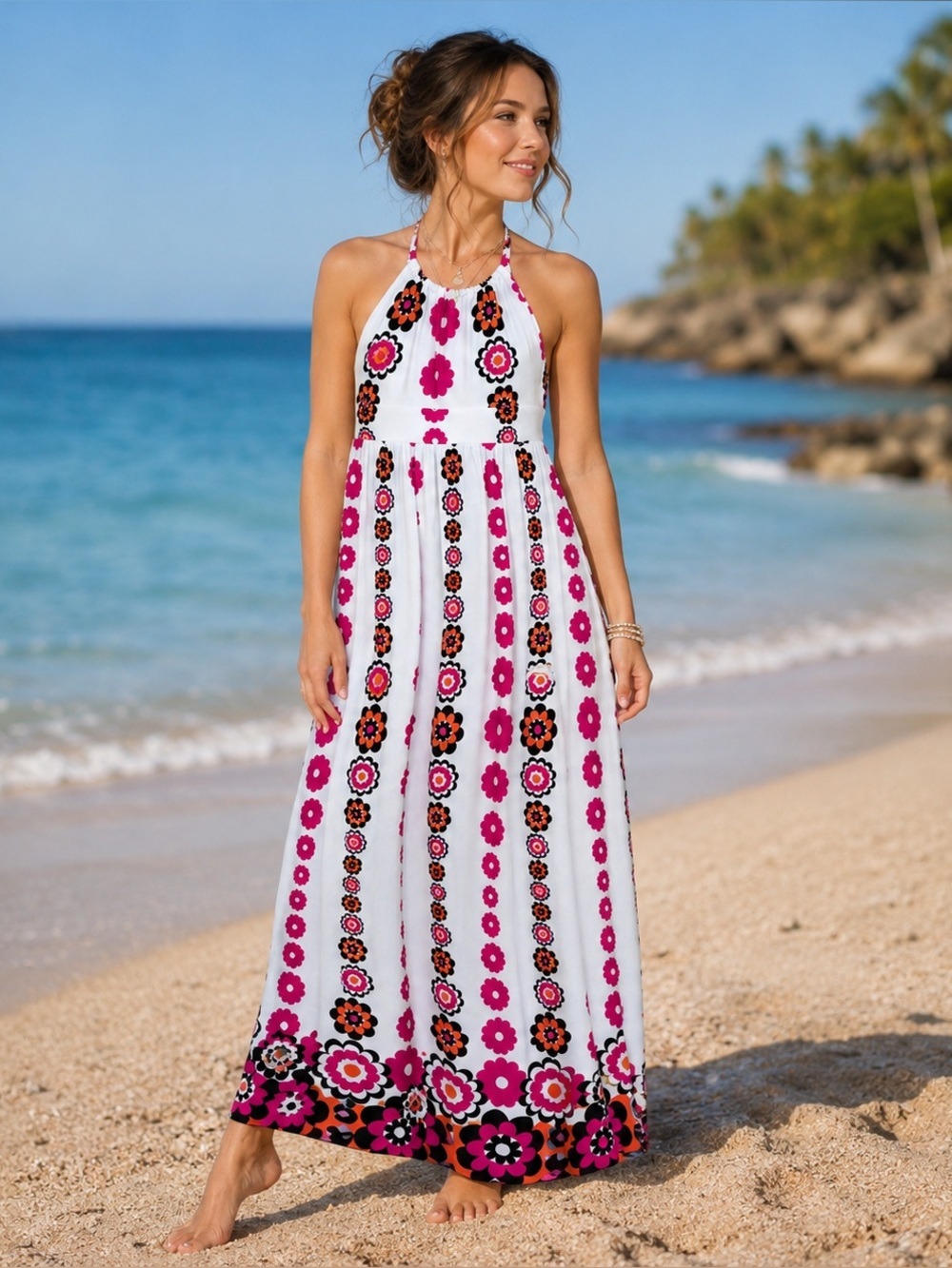 Big Girls/ Small Woman’s Retro Flower Power Maxi Halter Dress